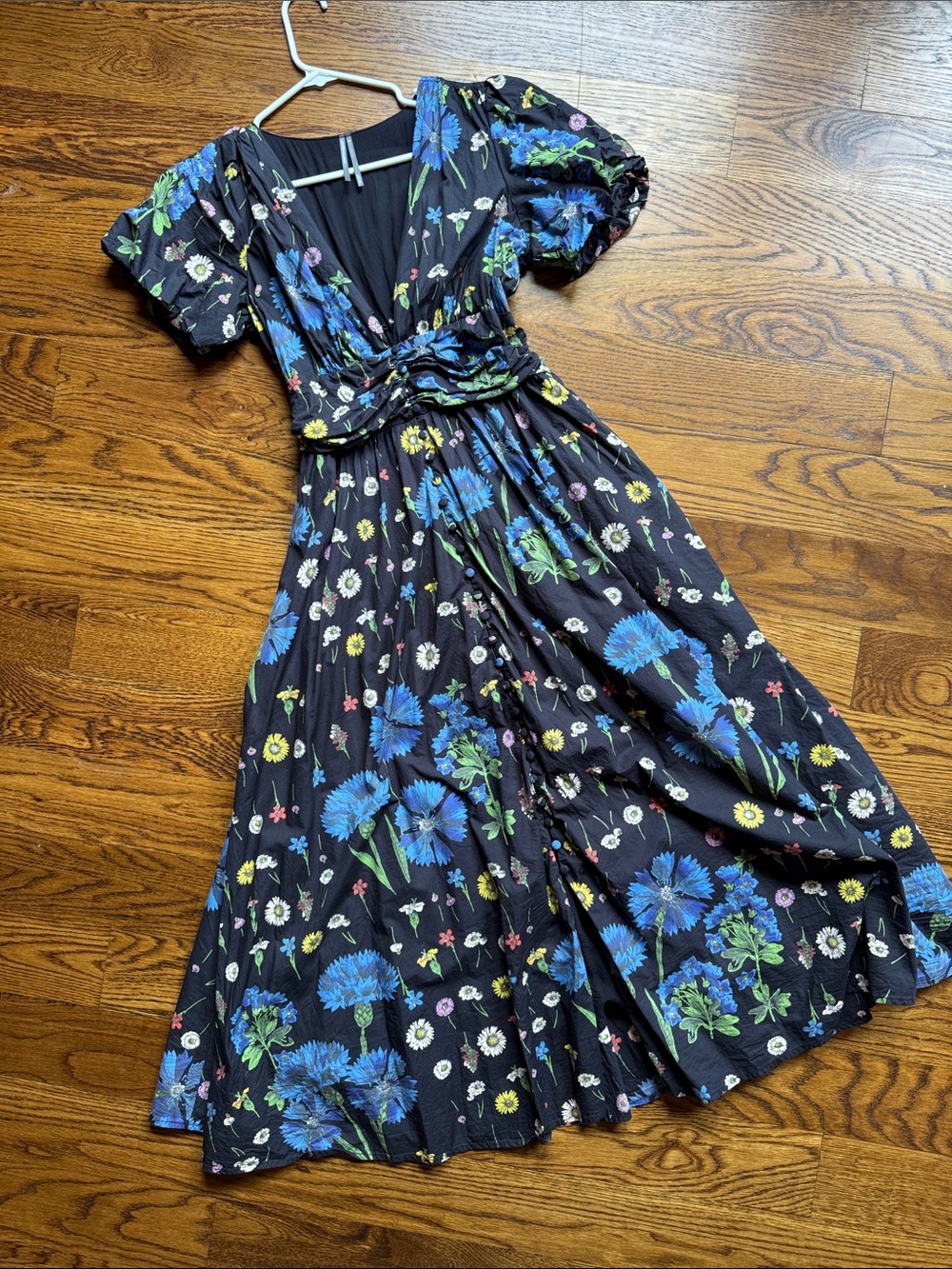 Anthropologie Katerina Black Maxi Dress with Blue & Green Floral Print